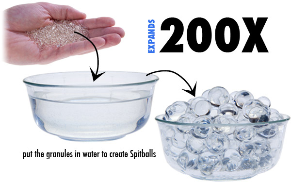 Simply add the Spitball granule to water and watch it expand up to 200X their original size.